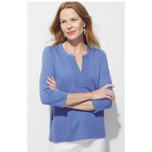 Chico's Smoked Yoke Notch Neck Smocked Tee Cotton Blend In Kensington Blue Sz 3 - Picture 6 of 6